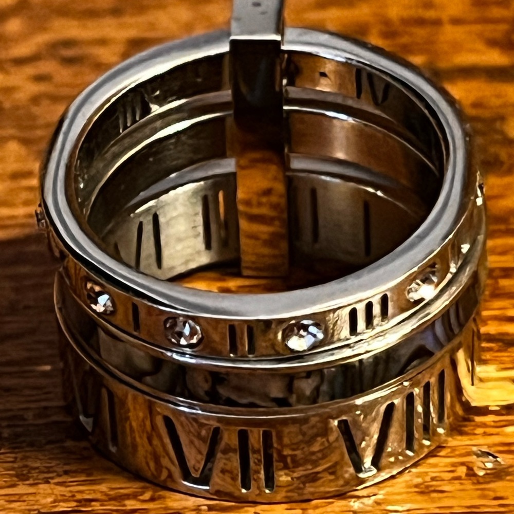 THREE LAYERS ROMAN NUMERALS BLUE EVENING RING SET SIZE 7 NEW - Picture 6 of 10